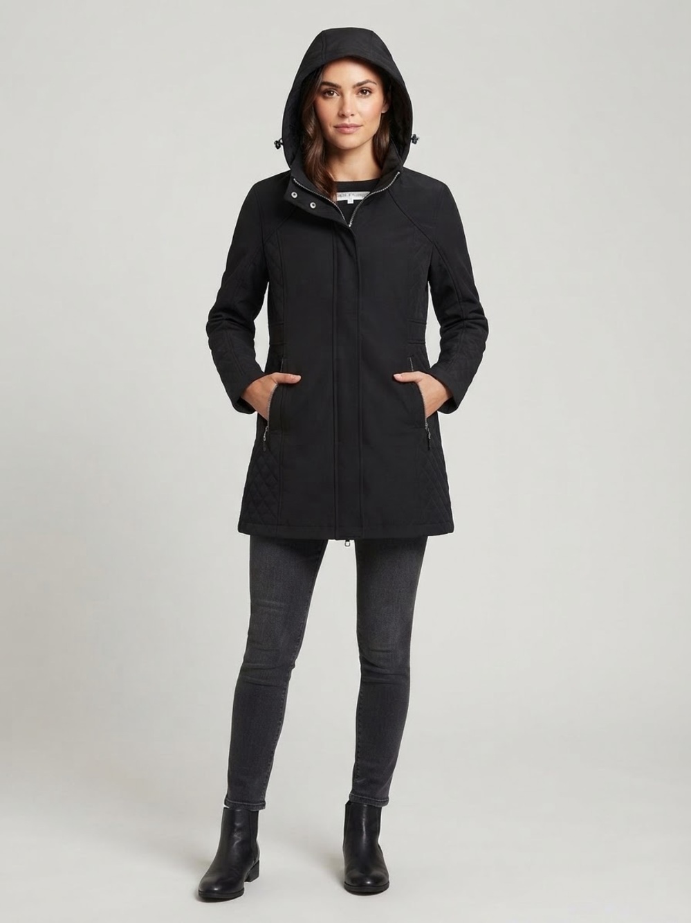 Cleo Petite Black Softshell Fall Warm Jacket with Quilted Side Panels Size M